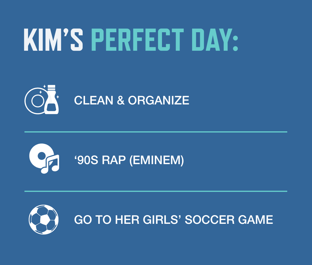Kim's Perfect Day: Clean & Organize, '90's RAP (Eminem), Go to her Girls' soccer game