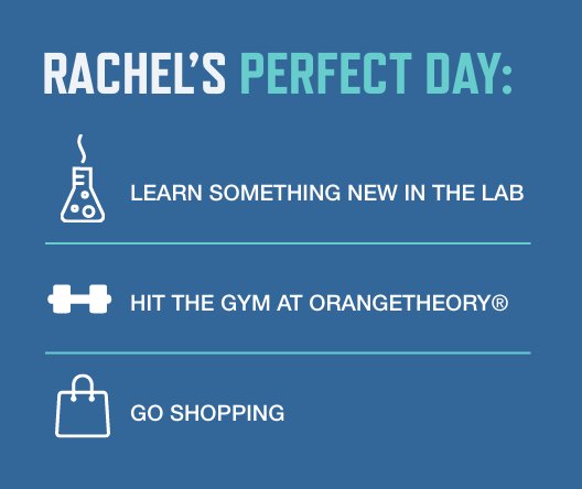 Graphic of Rachel Swamy's perfect day listing learn something new in the lab, hit the gym at OrangeTheory, and go shopping.