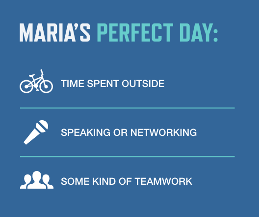 Maria's Perfect Day: Time spent outside. Speaking or networking. Some kind of teamwork.