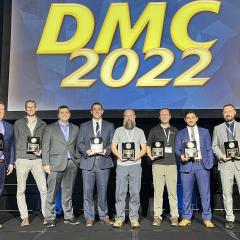 Air Force Research Laboratory, or AFRL, senior general engineer and technical advisor Harry Pierson, far left, accepts the 2022 Defense Manufacturing Technology Achievement Award with the Advanced Robotics for Manufacturing, or ARM, Institute project team. From left: David Barron, Alex Klinger, Chris Adams, Shane Groves, Andy Strat, Nihad Alfaysale and Stuart Lawrence at the 2022 Defense Manufacturing Conference in Tampa, Florida, Dec. 6, 2022.
