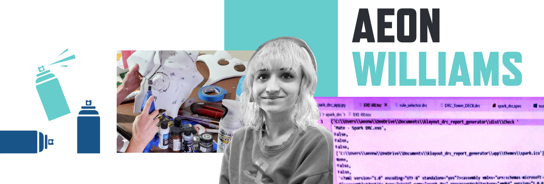Image of a woman with background images of crafts and computer programming and the name Aeon Williams in bold font.