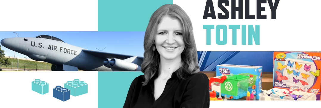 Graphic of Ashley Totin with Air Force plane and lego blocks.