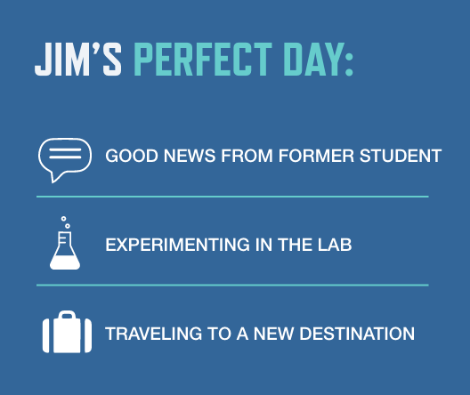Graphic depicting Jim DeKloe's perfect day: Hearing good news from a former student, experimenting in the lab, and traveling to a new destination