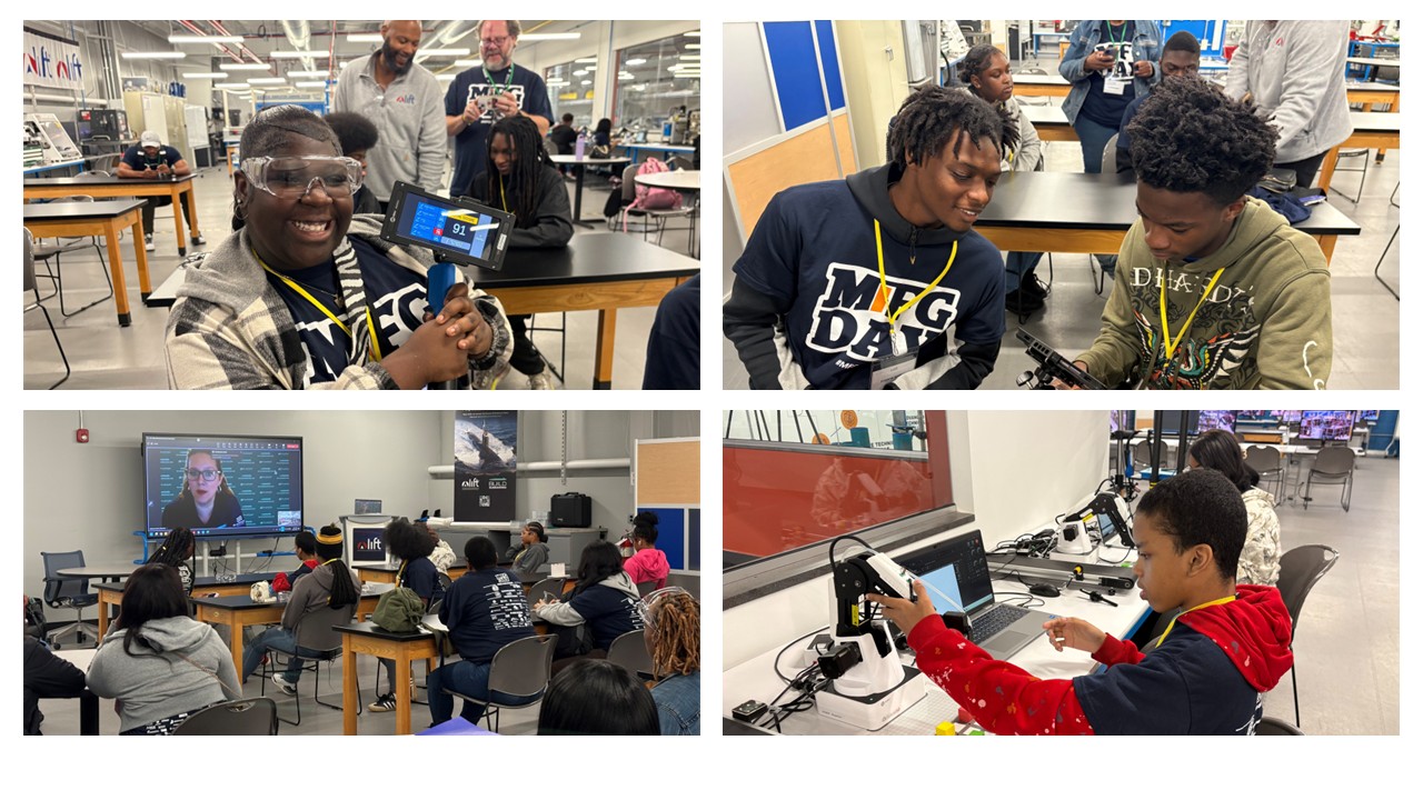 Collage of four images of students participating in LIFT's Manufacturing Day event