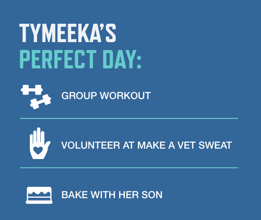 Graphic of Tymeeka Middleton's perfect day including: group workout, volunteer at Make A Vet Sweat, and baking with her son