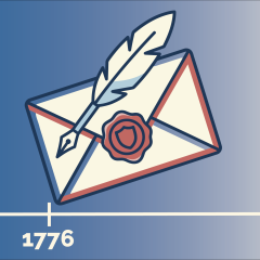 Header graphic with a blue to white to red gradient background, illustration of a envelope with wax seal and feather pen on left and manufacturing buildings with a seal and lock above it.