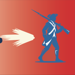 Header graphic with a blue to white to red gradient background. From left to right graphics of a statue to blacksmith tools to musket balls to a continental soldier run across.