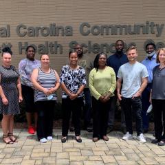 BioWork trainees, with Terra Trujillo (far left) and Lisa Smelser (far right). Credit: Central Carolina Community College.  Photo Credit: Elizabeth Ellis, NCBiotech Center