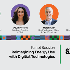 Graphic depicting the four panelists for SXSW 2024 PanelPicker. Panel title: Reimagining Energy Use with Digital Technologies