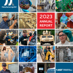 Cover image of the 2023 Manufacturing USA Annual Report. It is a collage of square photos representing manufacturing.