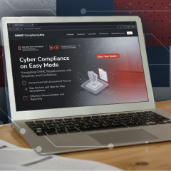 Graphic with MxD's Cyber Compliance on Easy Mode on a laptop screen