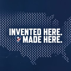 Graphic with a dark blue background with a map of the U.S. made of white dots. "Invented Here. Made Here" text on top of the map.
