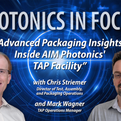 Graphic: "Photonics in Focus" podcast graphic promoting March 28, 2025 episode on the AIM Photonics' TAP Facility
