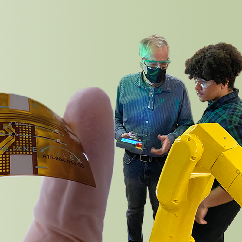 Graphic with image of two fingers holding a microchip and two men testing a robotic arm