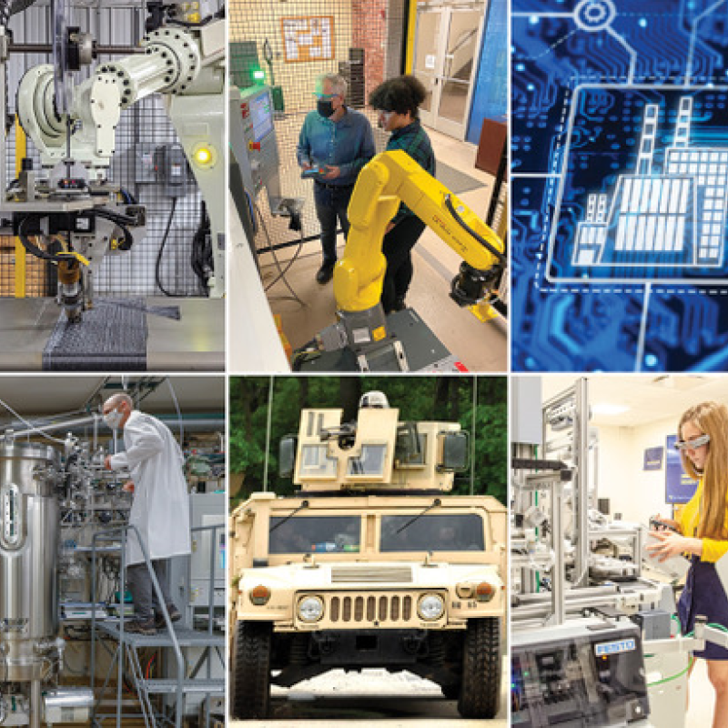 Graphic with a 2x8 grid of images representing different types of manufacturing 