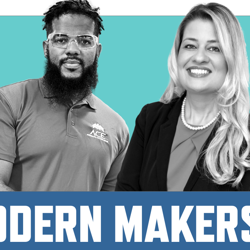 Graphic saying Modern Makers in bold white text with images of Adonis Summerville and Maria Araujo