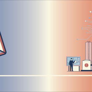 Header graphic with a blue to white to red gradient background, illustration of a envelope with wax seal and feather pen on left and manufacturing buildings with a seal and lock above it.