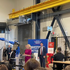 Photo of First Lady Dr. Jill Biden on stage at the ARM Institute