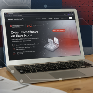 Graphic with MxD's Cyber Compliance on Easy Mode on a laptop screen
