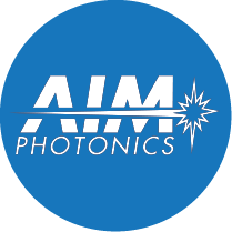 AIM Photonics logo in white over a blue circle