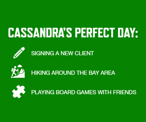 Graphic with a green background and white font listing Cassandra Turgman's perfect day activities: Signing a new client Hiking around the Bay Area Playing board games with friends