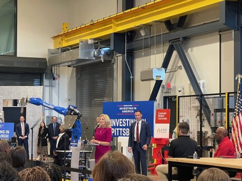 Photo of First Lady Dr. Jill Biden on stage at the ARM Institute