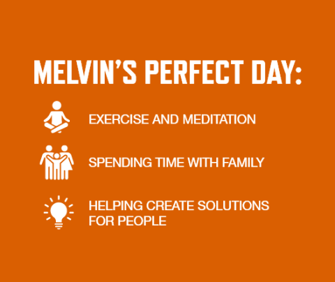 Graphic with an orange background and white font listing Melvin White's perfect day activities: Exercise and meditation Spending time with family Helping create solutions for people