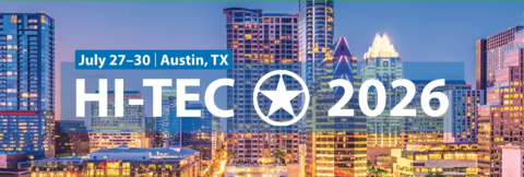 Graphic for HI-TEC 2026 with photo of Austin skyline in the background. 