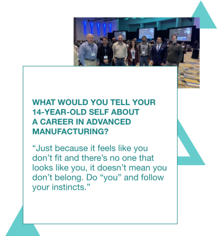Graphic with a photo of Helena Cristobal at a conference with a quote to her 14 year old self: "Just because it feels like you don’t fit and there’s no one that looks like you, it doesn’t mean you don’t belong. Do “you” and follow your instincts."