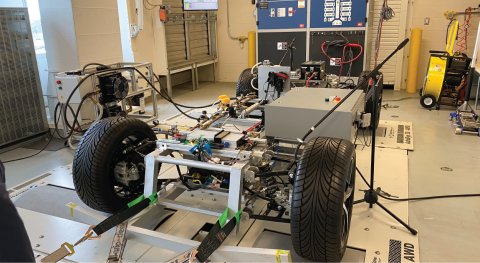 Photo of a vehicle chassis equipped with sensors. REMADE has done projects at the intersection of aluminum recycling and the increased demand for aluminum in the automotive industry to accommodate electric vehicles and their battery packs.