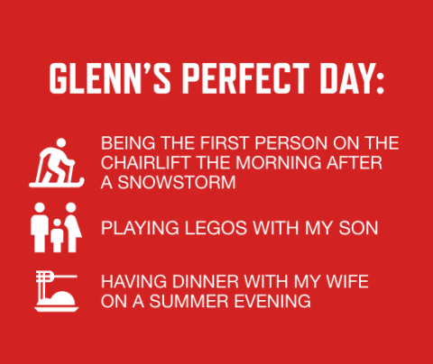 Graphic with a red background and white font listing Glenn's perfect day activities: Being the first person on the chairlift the morning after a snowstorm; Playing LEGOs with my son; Having dinner with my wife on a summer evening