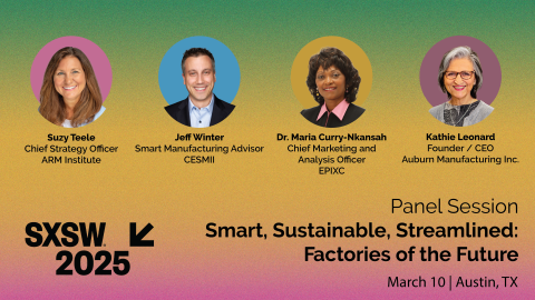 Graphic with photos of the four panelists for the SXSW 2025 panel: "Smart, Sustainable, Streamlined: Factories of the Future." Panelists: Suzy Teele, Jeff Winter, Dr. Maria Curry-Nkansah, Kathie Leonard