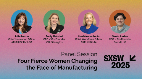Graphic with photos of the four panelists for the proposed SXSW 2025 panel: Four Fierce Women Changing the Face of Manufacturing. Panelists: Julie Lenzer, Emily Molstad, Lisa Masciantonio, Sarah Jordan