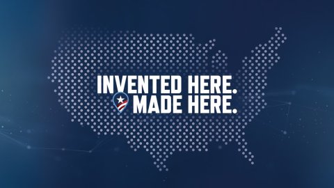 Graphic with a dark blue background with a map of the U.S. made of white dots. "Invented Here. Made Here" text on top of the map.