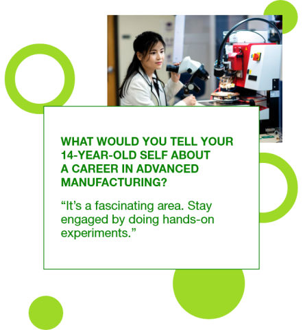 Graphic with a photo of Ruby Gu in the lab and a quote to her 14 year old self: "It’s a fascinating area. Stay engaged by doing hands-on experiments.”