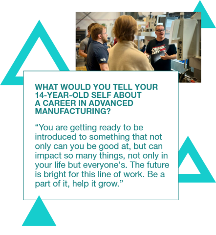 Graphic with a photo of David Roberson speaking to a group of people with a quote to his 14yo self: "You are getting ready to be introduced to something that not only can you be good at, but can impact so many things, not only in your life but everyone's. The future is bright for this line of work. Be a part of it, help it grow.”