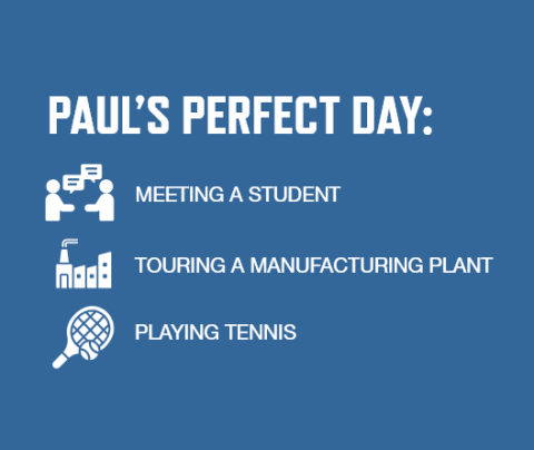 Graphic with a blue background and white font listing Paul Perkins' perfect day activities: Meeting a student Touring a manufacturing plant Playing tennis