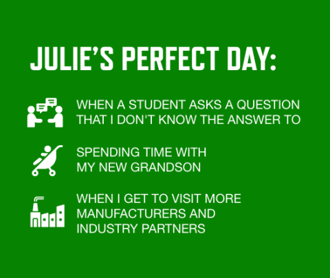 Graphic with a green background and white font listing Julie Huckaba's perfect day activities: "When a student asks a question that I don't know the answer to Spending time with my new grandson When I get to visit more manufacturers and industry partners