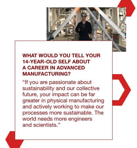 Graphic with a photo of Glenn Cormack in a manufacturing plant with a quote to his 14 year old self: "If you are passionate about sustainability and our collective future, your impact can be far greater in physical manufacturing and actively working to make our processes more sustainable. The world needs more engineers and scientists."