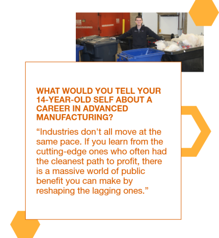 Graphic with a photo of Ian Goodine standing in front of trash and recycling bins and a quote to his 14yo self: "Industries don't all move at the same pace. If you learn from the cutting-edge ones who often had the cleanest path to profit, there is a massive world of public benefit you can make by reshaping the lagging ones.”