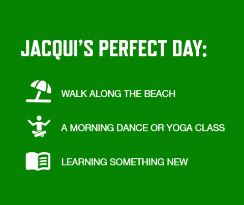 Graphic with a green background and white font listing Jacqui Hall's perfect day activities: Walk along the beach A morning dance or yoga class Learning something new