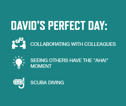 Graphic with teal background and white font listing David Henshall's perfect day activitites: Collaborating with colleagues Seeing others have the 'aha' moment SCUBA diving