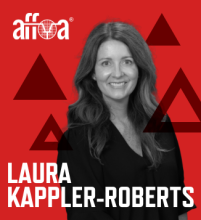 Headshot graphic with a red background, photo of Laura Kappler-Roberts, her name in white font and the AFFOA logo