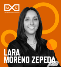 Graphic with an orange background, photo of Lara Moreno Zepeda, her name in white font and the MxD logo