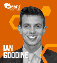 Graphic with an orange background, photo of Ian Goodine, his name in white font, and the REMADE logo
