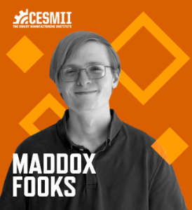 Graphic with an orange background, photo of Maddox Fooks, his name in white font, and the CESMII logo