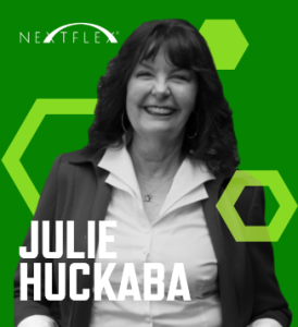 Graphic with a green background, photo of Julie Huckaba, her name in white font, and the NextFlex logo