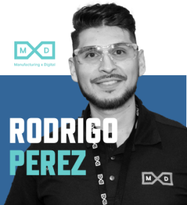 Graphic of with a photo of Rodrigo Perez with the MxD logo
