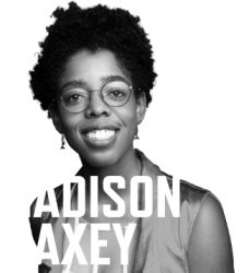 black and white photo of Madison Maxey with her name in large white font over top