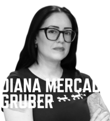 black and white photo of Diana Mercado Gruber with her name in large white font